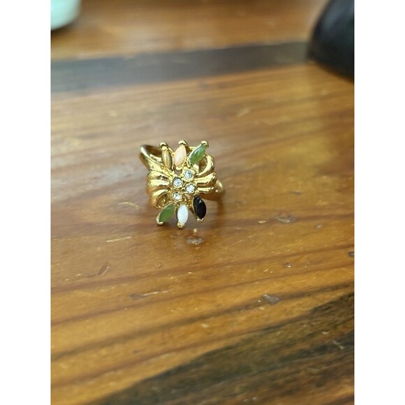 Vintage Gold Tone Ring Costume Jade Onyx Tiger Eye Coral Cubic Zirconia - Picture 2 of 10